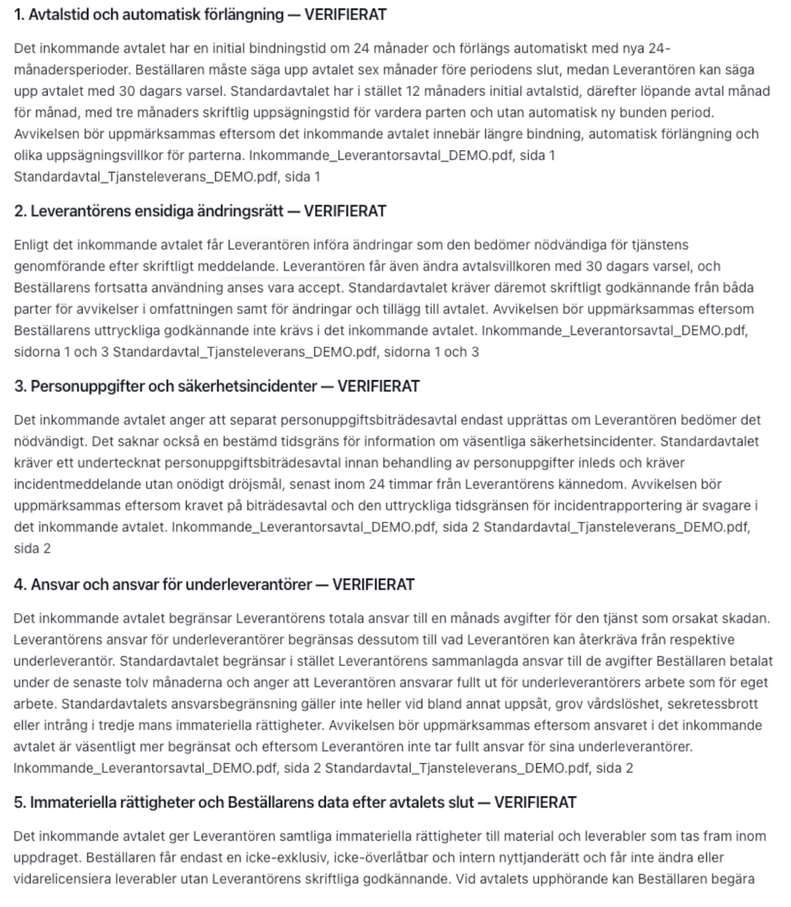 Avtalsgranskning: fem dokumenterade avvikelser med källa och sida