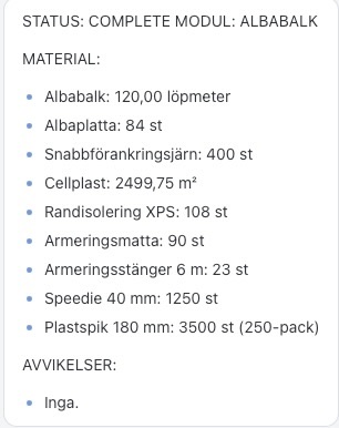 Materiallista beräknad i mobilen